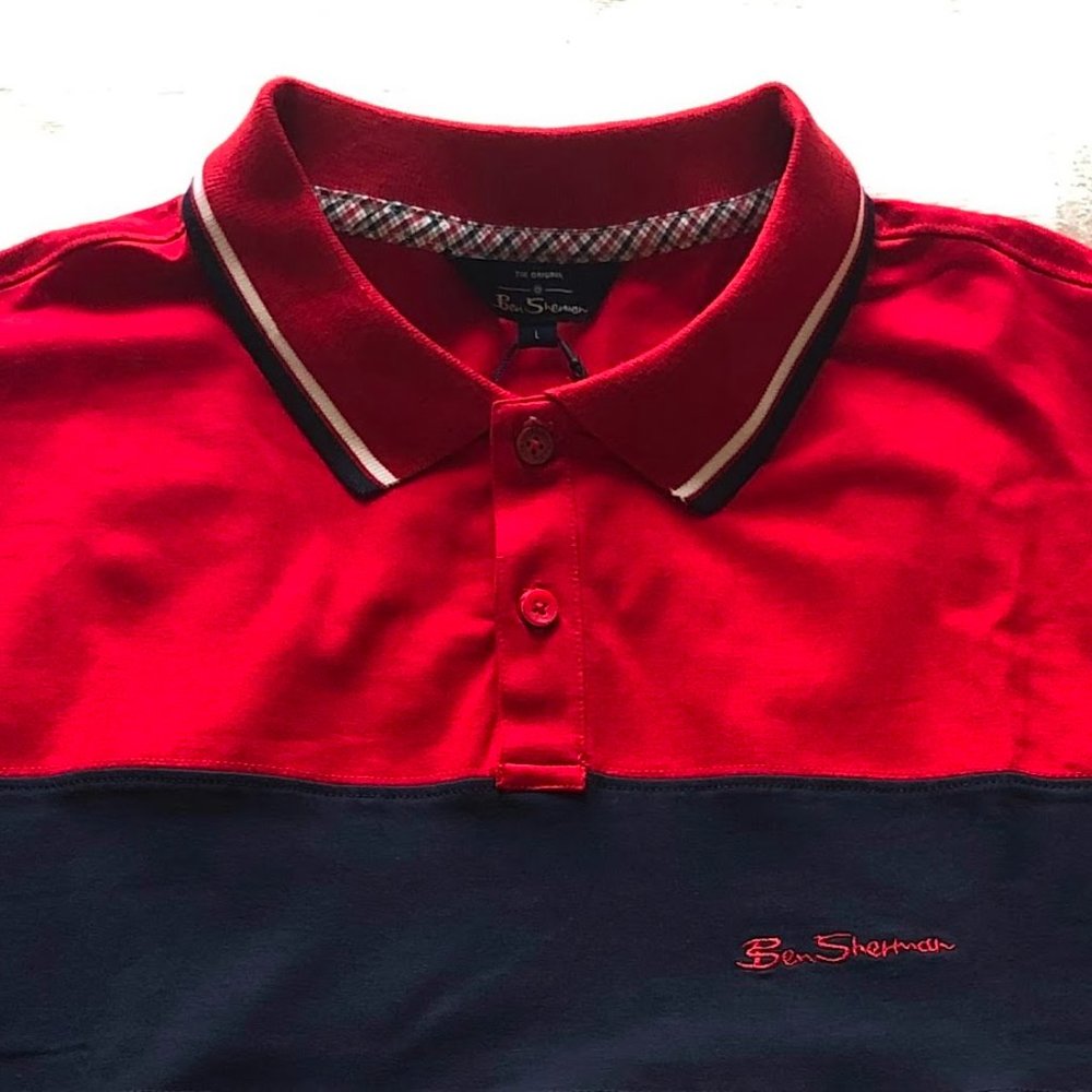 Ben Sherman Men's Colorblock Two Button Short Sleeve Polo Shirt Red Whit…